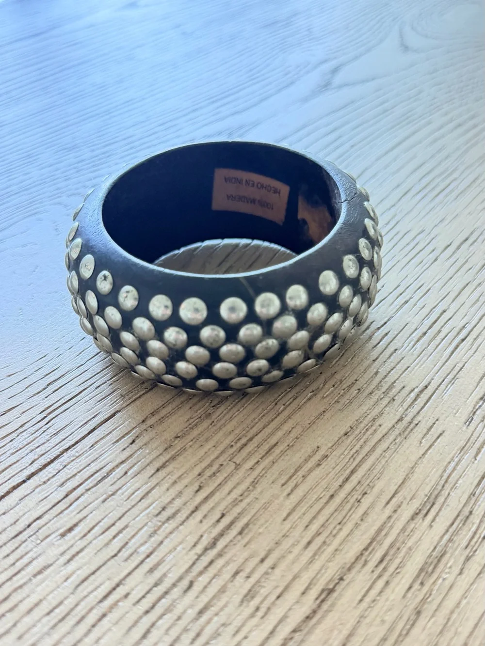 Vintage Brown Wood Bangle Bracelet Silver-Tone Studs India OOAK